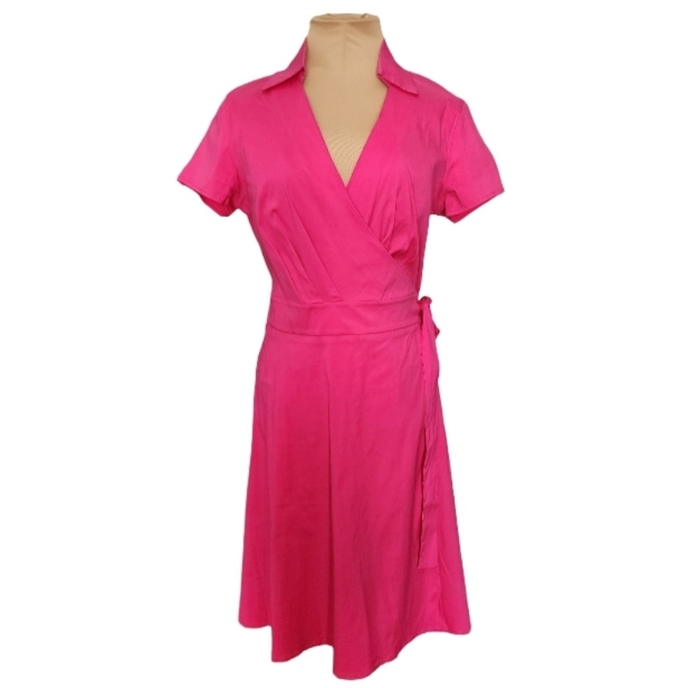 New York & Company Hot Pink Barbiecore Wrap Dress Medium Collared V-Neck A-Line